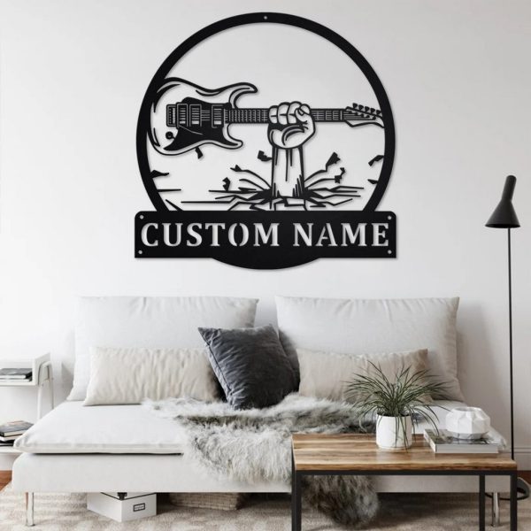 Hand Holding Electric Guitar Metal Art Personalized Metal Name Sign Music Room Decor