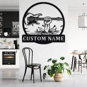 Hand Holding Electric Guitar Metal Art Personalized Metal Name Sign Music Room Decor 3