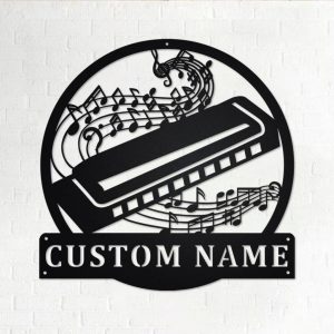 Harmonica Musical Instrument Metal Art Personalized Metal Name Sign Music Room Decor