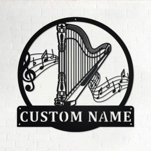 Harp Musical Instrument Metal Art Personalized Metal Name Sign Music Room Decor