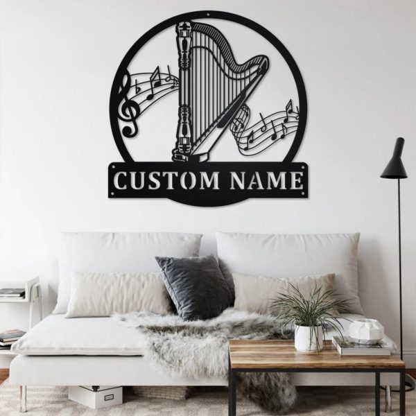 Harp Musical Instrument Metal Art Personalized Metal Name Sign Music Room Decor