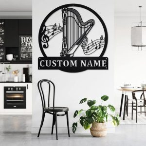 Harp Musical Instrument Metal Art Personalized Metal Name Sign Music Room Decor 3