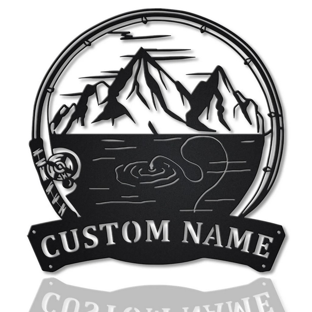 Mountain Fishing Pole Metal Art Personalized Metal Name Sign Decor Home Fishing Gift for Fisherman
