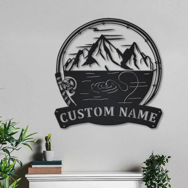 Mountain Fishing Pole Metal Art Personalized Metal Name Sign Decor Home Fishing Gift for Fisherman