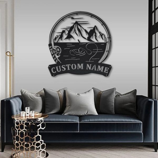 Mountain Fishing Pole Metal Art Personalized Metal Name Sign Decor Home Fishing Gift for Fisherman