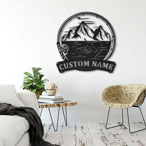 Mountain Fishing Pole Metal Art Personalized Metal Name Sign Decor Home Fishing Gift for Fisherman