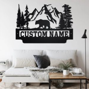 Mountain Landscape Bear Metal Art Personalized Metal Name Sign Decoration for Room Gift for Hunter Dad 3