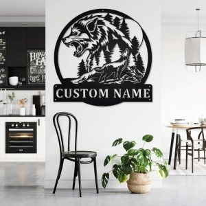 Mountain Wolf Metal Art Personalized Metal Name Sign Decor Home Gift for Hunter
