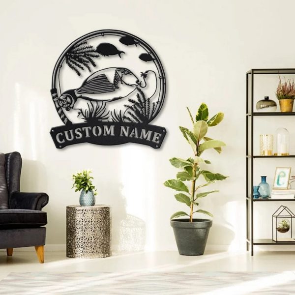 Parrotfish Fishing Pole Metal Art Personalized Metal Name Sign Decor Home Gift for Fisherman