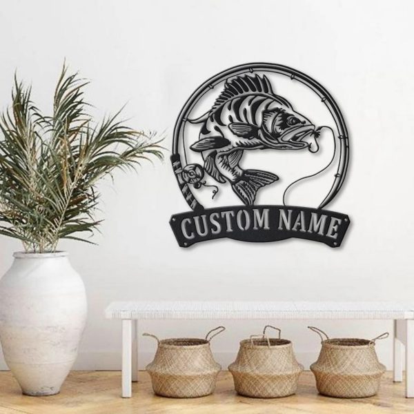 Perch Fish Pole Metal Art Personalized Metal Name Sign Fishing Signs Decor for Room