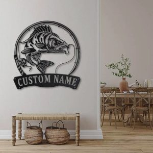 Perch Fish Pole Metal Art Personalized Metal Name Sign Fishing Signs Decor for Room 3
