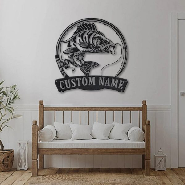 Perch Fish Pole Metal Art Personalized Metal Name Sign Fishing Signs Decor for Room