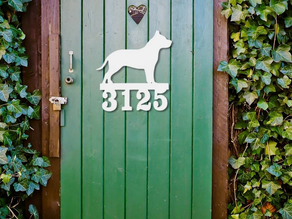 thumbnail image 2 of Personalised Staffy Dog Aluminium House Sign – Brushed Silver, Custom Street Name & Number 2 of 4