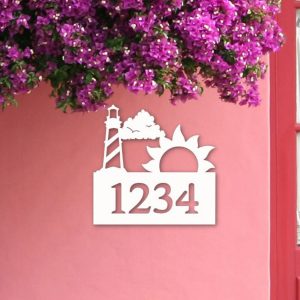 Personalized House Number Sign With Lighthouse and Sun Art Custom Address Sign Outdoor Decor 1