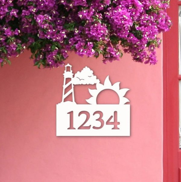 Personalized House Number Sign With Lighthouse and Sun Art Custom Address Sign Outdoor Decor