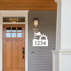 Personalized House Number Sign With Lighthouse and Sun Art Custom Address Sign Outdoor Decor 3