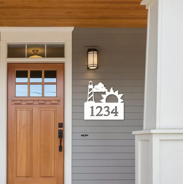 Personalized House Number Sign With Lighthouse and Sun Art Custom Address Sign Outdoor Decor