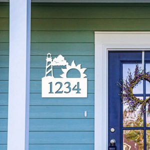 Personalized House Number Sign With Lighthouse and Sun Art Custom Address Sign Outdoor Decor 4