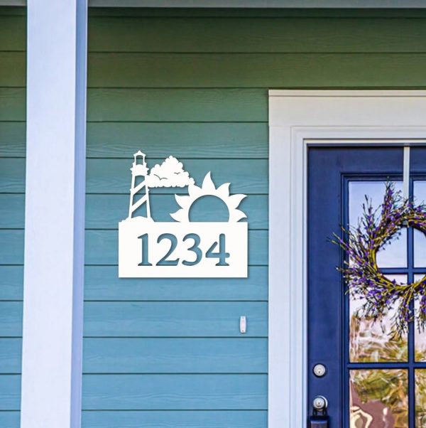 Personalized House Number Sign With Lighthouse and Sun Art Custom Address Sign Outdoor Decor