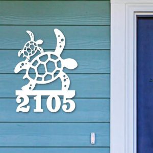 Personalized House Number Sign With Turtle Mom And Baby Art Custom Address Sign Outdoor Decor