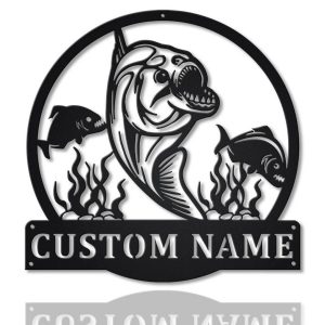 Piranha Fish Metal Art Personalized Metal Name Sign Decor Home Fishing Gift for Fisherman
