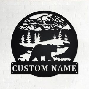 Rustic Bear Mountain Metal Art Personalized Metal Name Sign Decoration for Room Gift for Hunter Dad