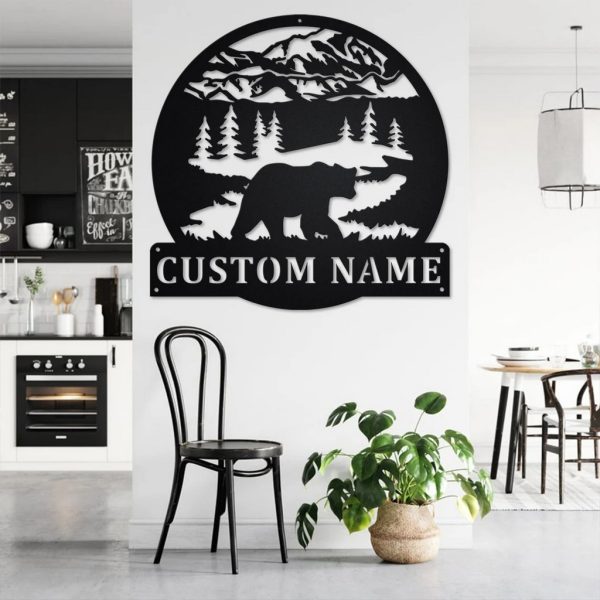 Rustic Bear Mountain Metal Art Personalized Metal Name Sign Decoration for Room Gift for Hunter Dad