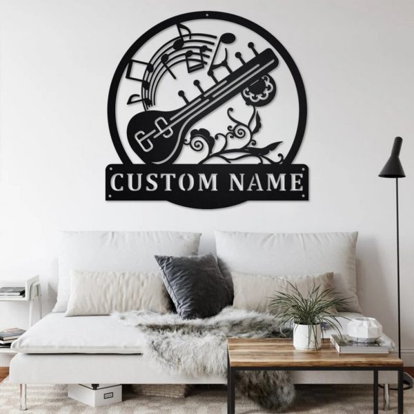 Sitar Musical Instrument Metal Art Personalized Metal Name Sign Music Room Decor