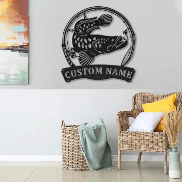 Snakehead Fish Metal Art Personalized Metal Name Sign Decor Home Fishing Gift for Fisherman