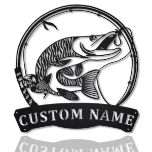 Tiger Muskellunge Fish Metal Art Personalized Metal Name Sign Decor Home Fishing Gift for Fisherman