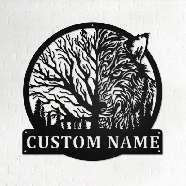 Tree Wolf Metal Art Personalized Metal Name Sign Decor Home Gift for Hunter