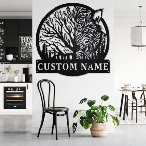 Tree Wolf Metal Art Personalized Metal Name Sign Decor Home Gift for Hunter