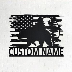 US Bear Metal Art Personalized Metal Name Sign Decoration for Room Gift for Hunter Dad