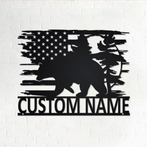 US Bear Metal Art Personalized Metal Name Sign Decoration for Room Gift for Hunter Dad 1