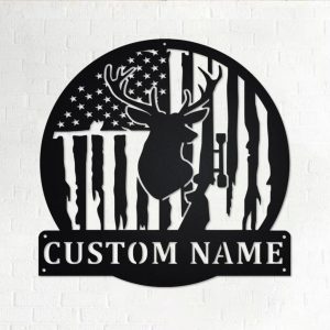 US Flag Deer Hunting Metal Art Personalized Metal Name Sign Room Decor Gift for Hunter