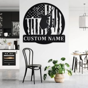 US Flag Deer Hunting Metal Art Personalized Metal Name Sign Room Decor Gift for Hunter 2