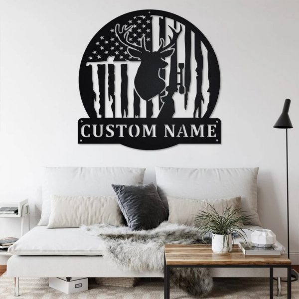 US Flag Deer Hunting Metal Art Personalized Metal Name Sign Room Decor Gift for Hunter