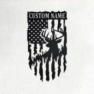 US Flag Deer Metal Art Personalized Metal Name Signs Gifts For Hunter Dad Hunting Room Decor 1