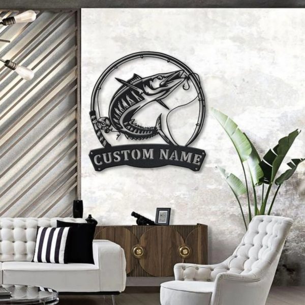 Wahoo Fishing Fish Pole Metal Art Personalized Metal Name Sign Decor Home Gift for Fishing Lover