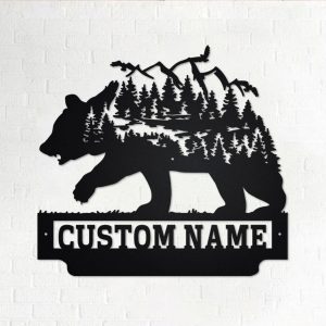 Wild Mountain Bear Metal Art Personalized Metal Name Sign Decor Room Gift for Hunter