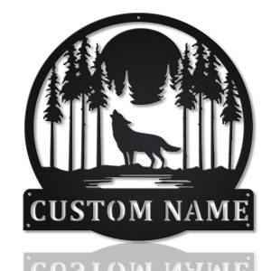Wolf With Moon Metal Art Personalized Metal Name Sign Decor Home Gift for Animal Lover