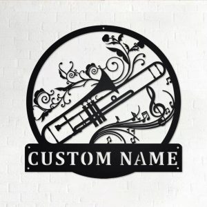 Trombone Musical Instrument Metal Art Personalized Metal Name Sign Music Room Decor