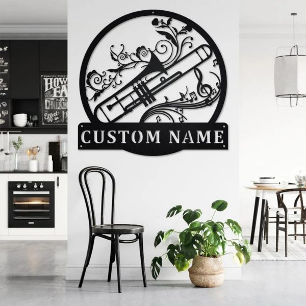 Trombone Musical Instrument Metal Art Personalized Metal Name Sign Music Room Decor