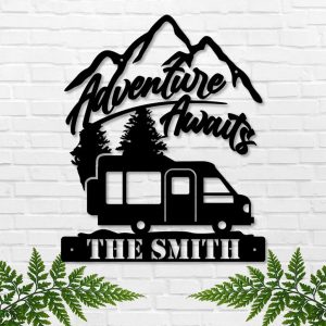 Adventure Awaits RV Camping Sign Personalized Metal Name Signs Mountain Campsite Home Decor 1