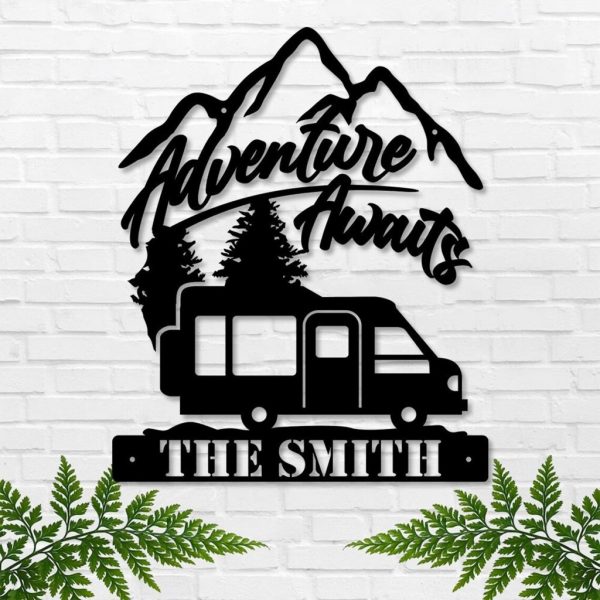 Adventure Awaits RV Camping Sign Personalized Metal Name Signs Mountain Campsite Home Decor Funny Camping Signs
