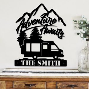 Adventure Awaits RV Camping Sign Personalized Metal Name Signs Mountain Campsite Home Decor 2