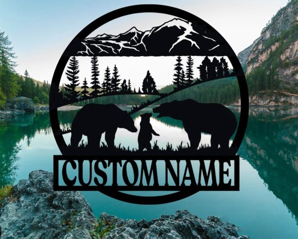 Bear Family Metal Art Personalized Metal Name Signs Wild Forest Animal Camping Sign Outdoor Home Decor