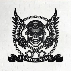 Biker Skull With Wings And Pistons Metal Art Personalized Metal Name Signs Garage Decoration Gift for Biker