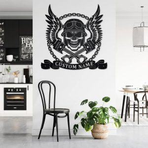 Biker Skull With Wings And Pistons Metal Art Personalized Metal Name Signs Garage Decoration Gift for Biker 2