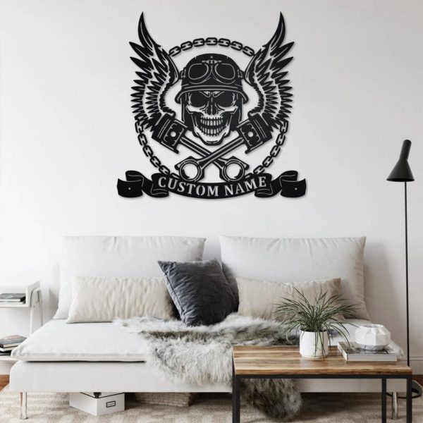 Biker Skull With Wings And Pistons Metal Art Personalized Metal Name Signs Garage Decoration Gift for Biker